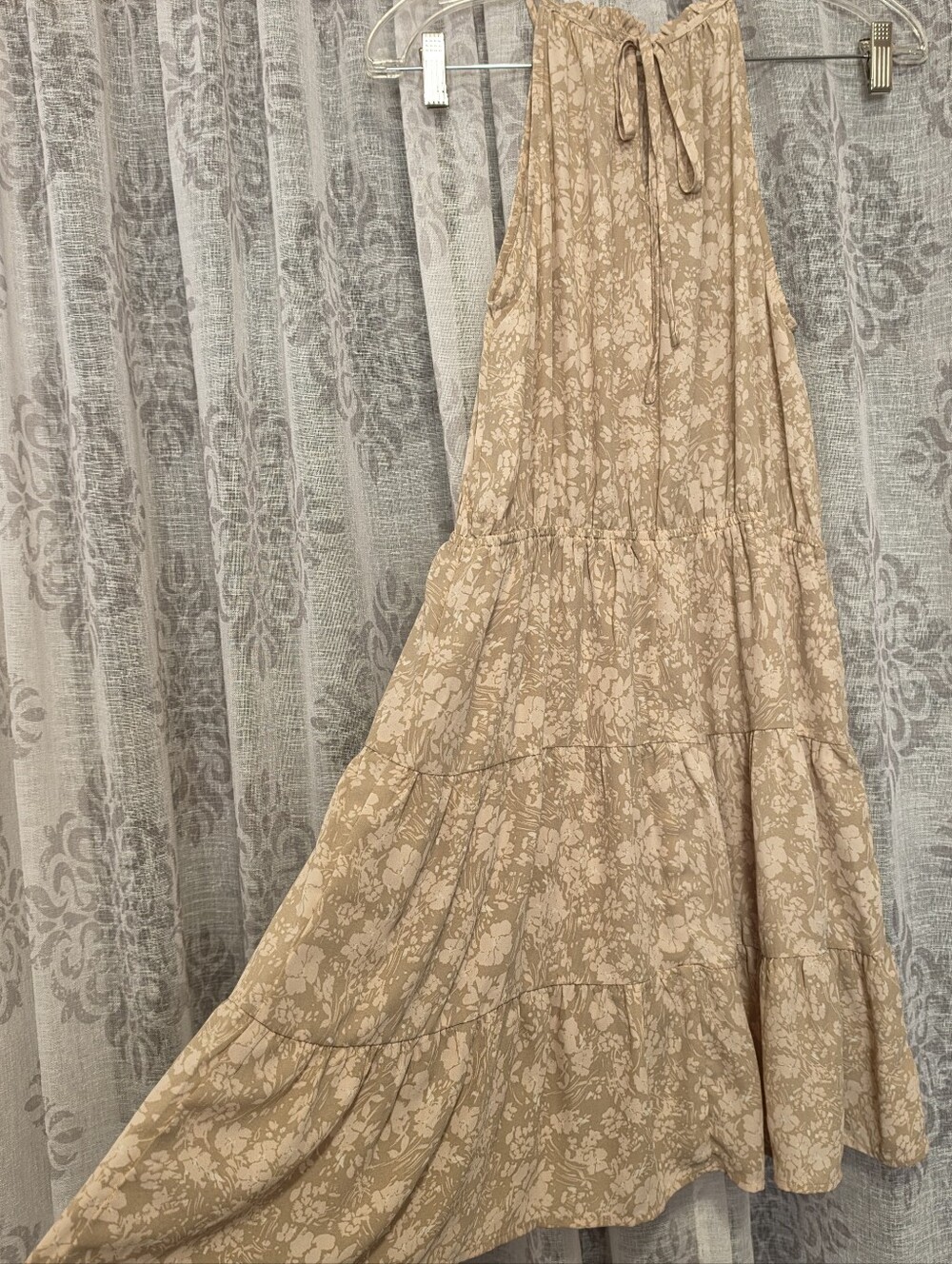 Mittoshop Beige Floral Halter Tiered Mini Dress Medium - Picture 3 of 5